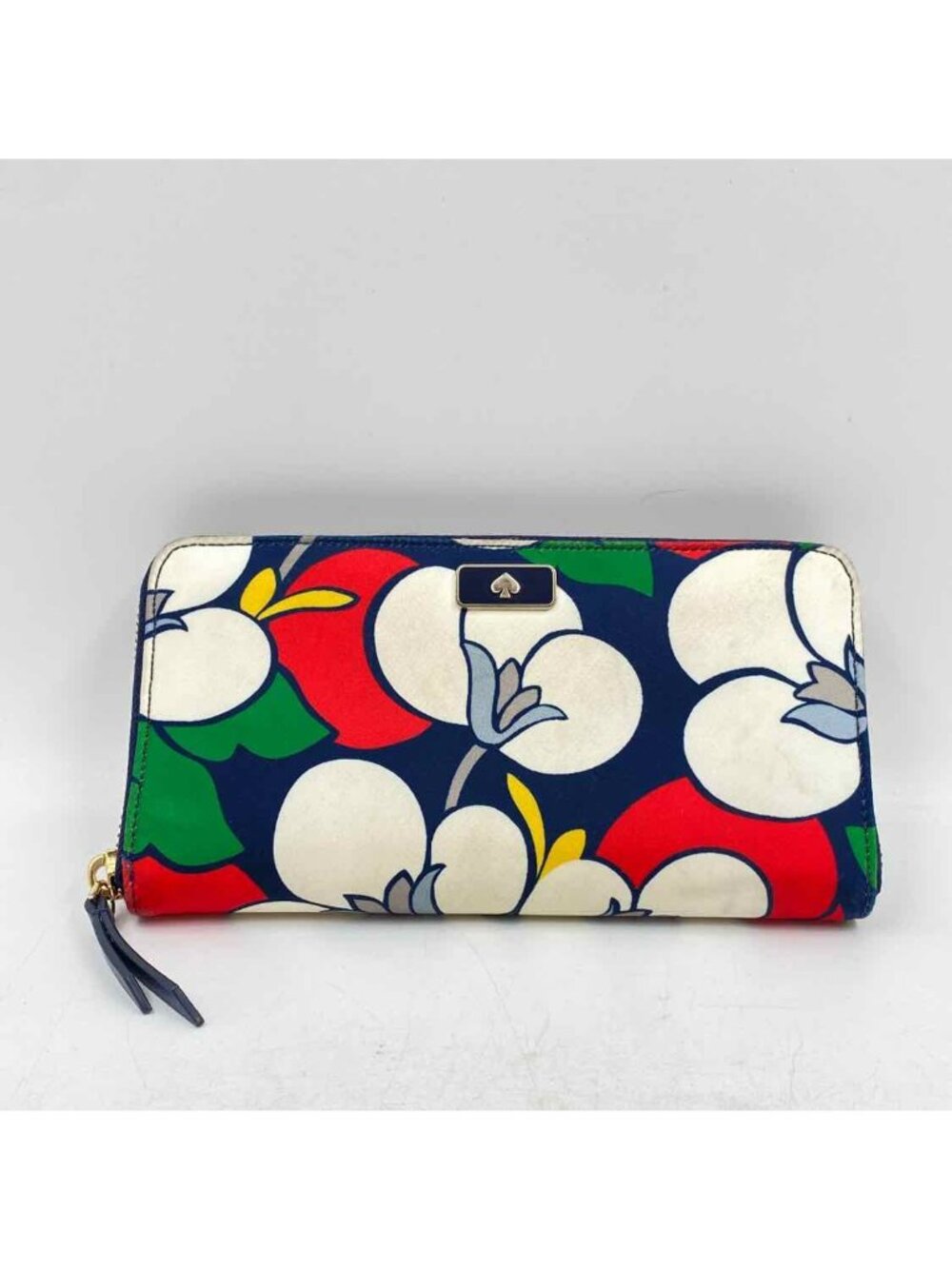 Kate Spade Women's Navy Leather Floral Wallet Colorful Zip Red Green